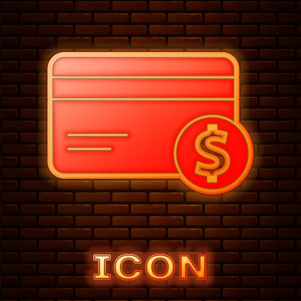 Glowing Neon Credit Card Dollar Symbol Icon Isolated Brick Wall — Stock Vector