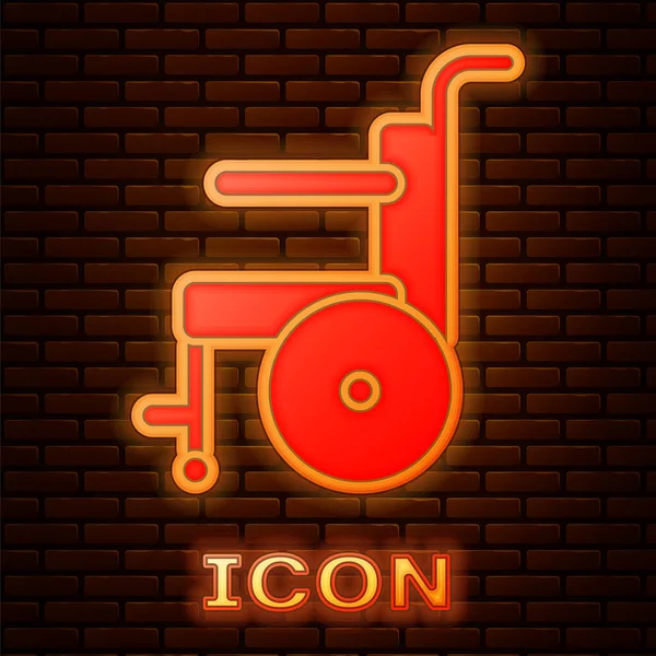 Glowing Neon Wheelchair Disabled Person Icon Isolated Brick Wall Background — Stock Vector