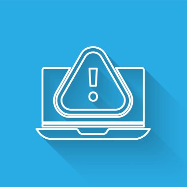 Ünlem simgesi olan beyaz çizgi dizüstü bilgisayar uzun gölgeli izole edilmiş. Uyarı mesajı akıllı telefon uyarısı. Vektör İllüstrasyonu