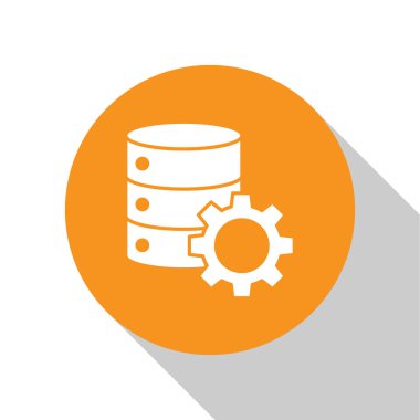 Beyaz sunucu ve dişli simgesi beyaz arkaplanda izole edildi. Uygulama, servis konsepti, ayar seçenekleri, bakım, onarım, onarım. Turuncu daire düğmesi. Vektör İllüstrasyonu