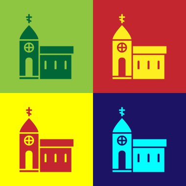 Pop Art Church binası ikonu renk arkaplanında izole edilmiş. Hıristiyan Kilisesi. Kilisenin dini. Vektör İllüstrasyonu