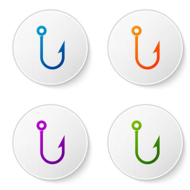 Renkli olta kancası simgesi beyaz arkaplanda izole edildi. Balık oltası. Simgeleri daire düğmelerine ayır. Vektör İllüstrasyonu