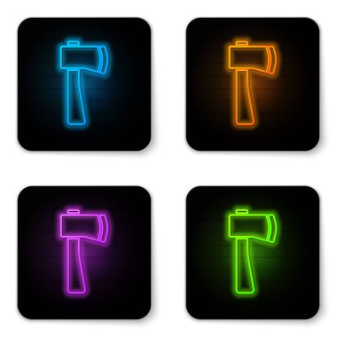 Parlayan neon ahşap balta simgesi beyaz arkaplanda izole edildi. Oduncu baltası. Siyah kare düğme. Vektör İllüstrasyonu