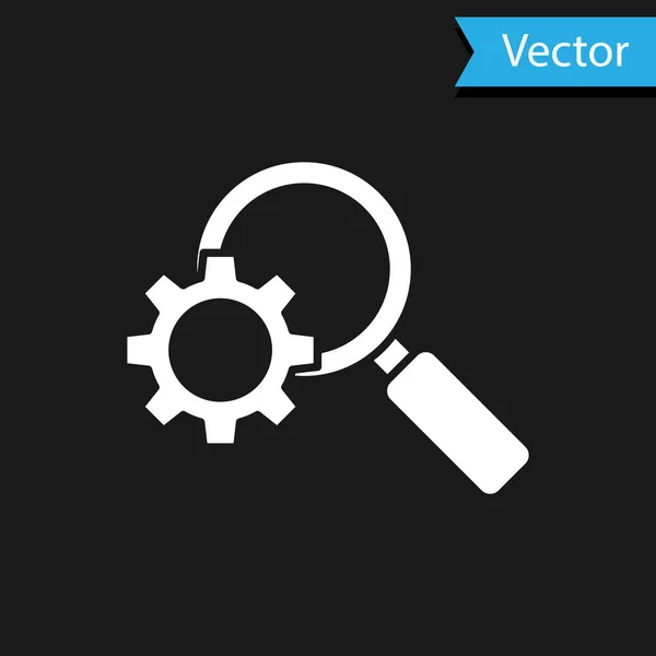 Icono Lupa Engranaje Blanco Aislado Sobre Fondo Negro Herramienta Búsqueda — Vector de stock