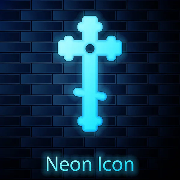 Lumineux Néon Icône Croix Chrétienne Isolé Sur Fond Mur Briques — Image vectorielle