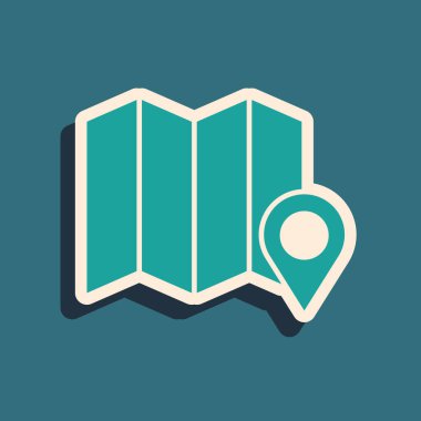 Yeşil arka planda izole edilmiş bir harita simgesi üzerinde ormanın yeşil konumu. Uzun gölge tarzı. Vektör İllüstrasyonu