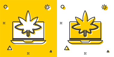 Siyah dizüstü bilgisayar ve tıbbi marihuana ya da kenevir yaprağı ikonu sarı ve beyaz arka planda izole edilmiş. İnternetten satın alma sembolü. Süpermarket sepeti. Rastgele dinamik şekiller. Vektör İllüstrasyonu