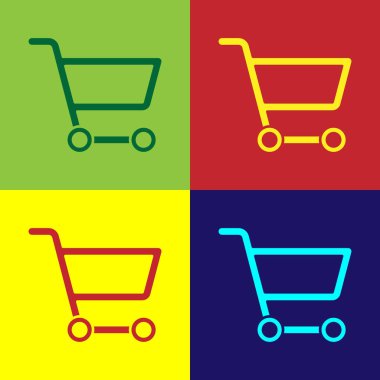Pop sanat alışveriş arabası simgesi renk arkaplanda izole edilmiş. İnternetten satın alma konsepti. Servis tabelası. Süpermarket sepeti sembolü. Vektör İllüstrasyonu