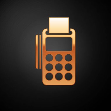 Siyah arkaplana yerleştirilmiş kredi kartı ve yazdırılmış tarif simgesine sahip altın POS terminali. NFC ödeme konsepti. Vektör İllüstrasyonu