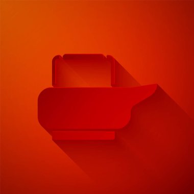 Kağıt kesiği Bedpan simgesi kırmızı arkaplanda izole edildi. Yatalak hastalar için tuvalet. Kağıt sanatı tarzı. Vektör İllüstrasyonu