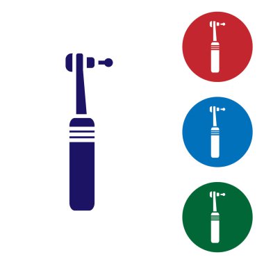 Mavi Diş sondaj simgesi beyaz arkaplanda izole edildi. Delme ve öğütme aletleri için el işi. Tıbbi alet. Renkli kare düğmelerle simgeleri ayarla. Vektör İllüstrasyonu