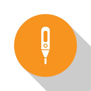 Tıbbi inceleme ikonu için beyaz medikal termometre beyaz arka planda izole edildi. Turuncu daire düğmesi. Vektör İllüstrasyonu