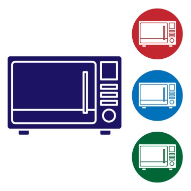 Beyaz zemin üzerinde mavi mikrodalga fırın ikonu izole edildi. Ev aletleri simgesi. Renkli kare düğmelerle simgeleri ayarla. Vektör İllüstrasyonu
