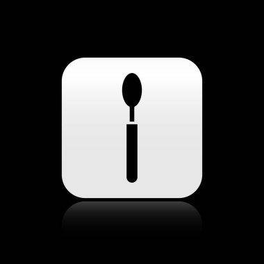 Siyah arkaplanda siyah kaşık simgesi izole edildi. Mutfak aletleri. Çatal bıçak seti. Gümüş kare düğme. Vektör İllüstrasyonu