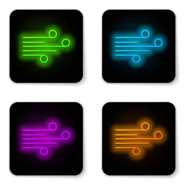 Parlayan neon çizgisi rüzgar simgesi beyaz arkaplanda izole edildi. Rüzgarlı bir hava. Siyah kare düğme. Vektör İllüstrasyonu