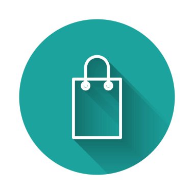 Beyaz çizgi kâğıt poşet ikonu uzun gölgeli izole edilmiş. Paket işareti. Yeşil daire düğmesi. Vektör İllüstrasyonu