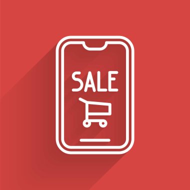 Beyaz çizgi cep telefonu ve alışveriş arabası ikonu uzun gölgeli. İnternetten satın alma sembolü. Süpermarket sepeti sembolü. Vektör İllüstrasyonu