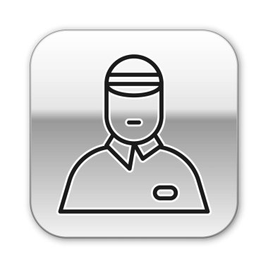 Siyah çizgi satıcı simgesi beyaz arkaplanda izole edildi. Gümüş kare düğme. Vektör İllüstrasyonu