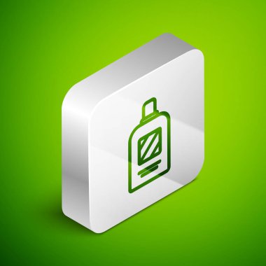 Yeşil arka planda izole edilmiş bir şampuan şişesi. Gümüş kare düğme. Vektör İllüstrasyonu