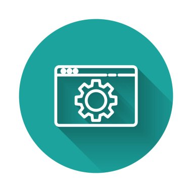 Beyaz çizgi Tarayıcı simgesini uzun gölgeyle izole ediyor. Ayarlama, servis, bakım, onarım, onarım. Yeşil daire düğmesi. Vektör İllüstrasyonu