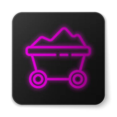 Parlayan neon hattı Kömür madeni tramvay ikonu beyaz arka planda izole edildi. Fabrika kömür madeni vagonu. Siyah kare düğme. Vektör İllüstrasyonu