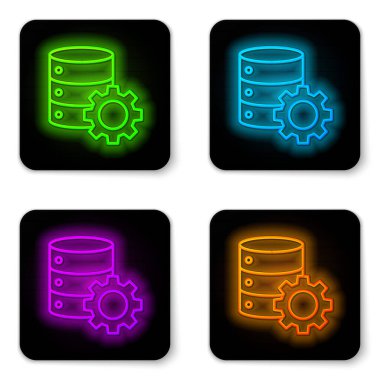 Parlayan neon hattı sunucusu ve dişli simgesi beyaz arkaplanda izole edildi. Uygulama, servis konsepti, ayar seçenekleri, bakım, onarım, onarım. Siyah kare düğme. Vektör İllüstrasyonu