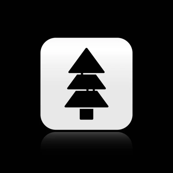 Schwarzes Baumsymbol Isoliert Auf Schwarzem Hintergrund Waldsymbol Silberner Quadratischer Knopf — Stockvektor
