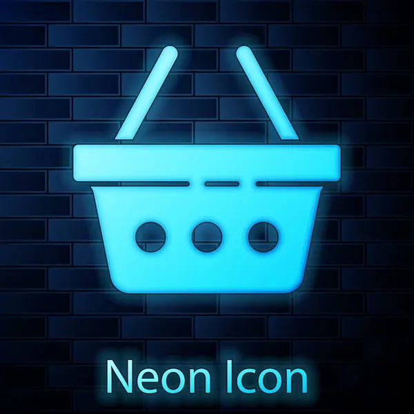Glowing Neon Shopping Basket Icon Isolated Brick Wall Background Online — Stock Vector