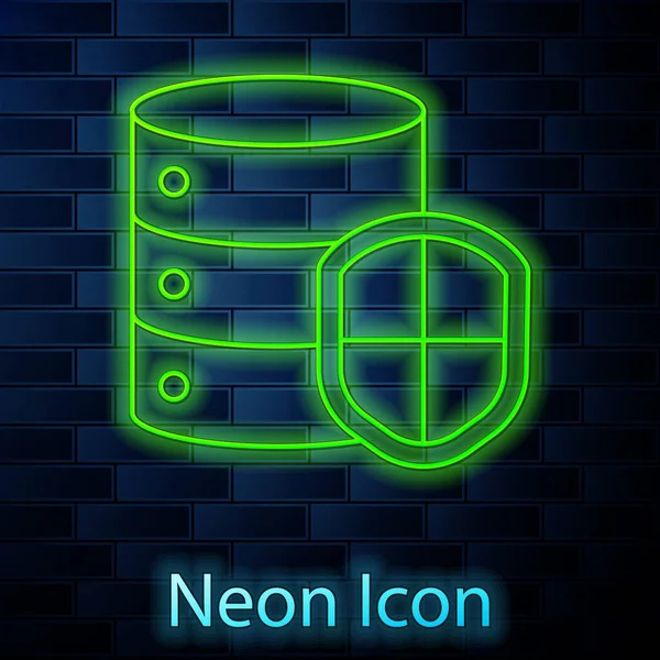 Linea Neon Luminosa Server Con Icona Scudo Isolata Sfondo Murale — Vettoriale Stock