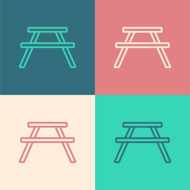 Resim çizgisi piknik masası, masa simgesinin her iki tarafında da renk arkaplanı izole edilmiş. Vektör İllüstrasyonu