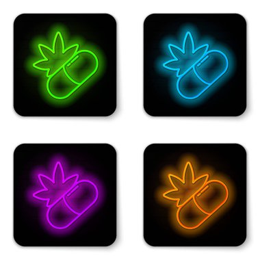 Beyaz arka planda marihuana ya da kenevir yaprağı ikonu olan parlak neon çizgisi tıbbi haplar. Kavanozlardaki kenevir yağı özlerini taklit et. Siyah kare düğme. Vektör İllüstrasyonu