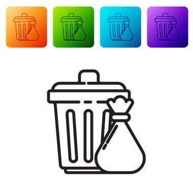 Siyah çizgi çöp kutusu ve çöp torbası simgesi beyaz arkaplanda izole edilmiş. Çöp kutusu tabelası. Sepet simgesini geri dönüştür. Ofis çöpü ikonu. Renkli kare düğmelerle simgeleri ayarla. Vektör İllüstrasyonu