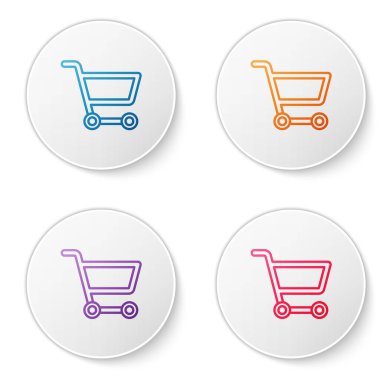 Renkli alışveriş arabası simgesi beyaz arkaplanda izole edildi. İnternetten satın alma konsepti. Servis tabelası. Süpermarket sepeti sembolü. Simgeleri daire düğmelerine ayır. Vektör İllüstrasyonu