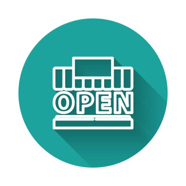 Beyaz çizgi alışveriş binası ya da market ve uzun gölgeli izole edilmiş açık simge. Dükkan inşaatı. Yeşil daire düğmesi. Vektör İllüstrasyonu