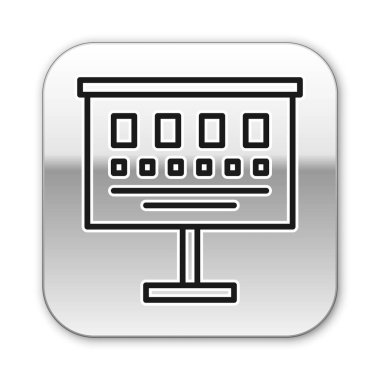 Siyah çizgi göz testi simgesi beyaz arkaplanda izole edildi. Optalmik çalışmada görme testi için bir poster. Snellen çizelgesi. Gümüş kare düğme. Vektör İllüstrasyonu