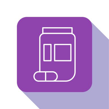 Beyaz çizgi ilaç şişesi ve beyaz arka planda izole edilmiş hap ikonu. Şişe hapı işareti. Eczane tasarımı. Mor kare düğme. Vektör İllüstrasyonu