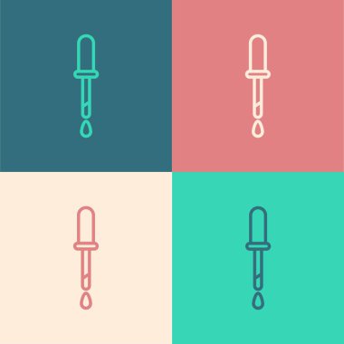Pop Art Line Pipette simgesi renk arkaplanında izole edildi. Tıbbi elementler, kimya laboratuarı ekipmanları. Damlalı boru. Tıp sembolü. Vektör İllüstrasyonu