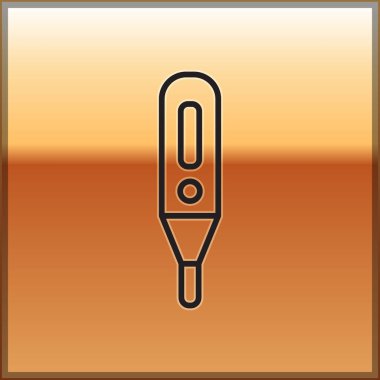 Tıbbi muayene ikonu için siyah çizgi dijital termometresi altın arka planda izole edilmiş. Vektör İllüstrasyonu