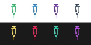 Şırınga simgesini siyah beyaz arkaplanda izole et. Aşı için şırınga, aşı, iğne, grip aşısı. Tıbbi ekipman. Vektör İllüstrasyonu