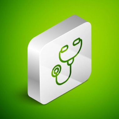 Isome hattı steteskop tıbbi alet ikonu yeşil arka planda izole edildi. Gümüş kare düğme. Vektör İllüstrasyonu