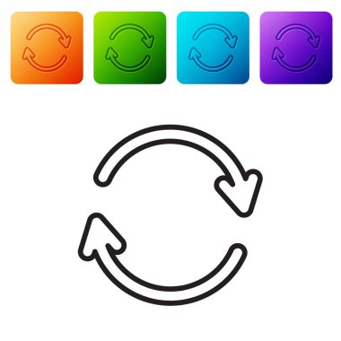 Siyah çizgi yenileme simgesi beyaz arkaplanda izole edildi. Sembolü yeniden yükle. Döndürme okları daire işareti şeklinde. Renkli kare düğmelerle simgeleri ayarla. Vektör İllüstrasyonu