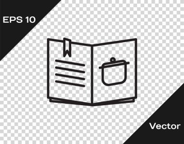 Şeffaf arkaplanda siyah çizgi yemek kitabı simgesi izole edildi. Yemek kitabı ikonu. Yemek tarifi kitabı. Çatal ve bıçak ikonları. Çatal bıçak sembolü. Vektör İllüstrasyonu
