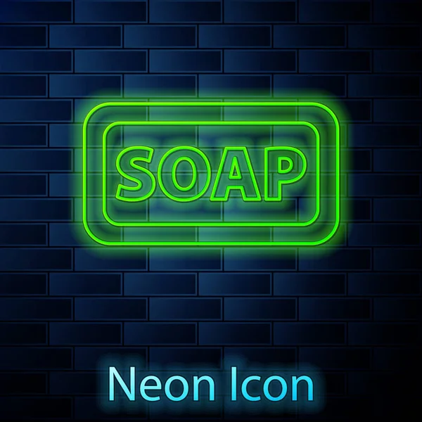 Glowing Neon Line Bar Soap Icon Isolated Brick Wall Background — Stock Vector