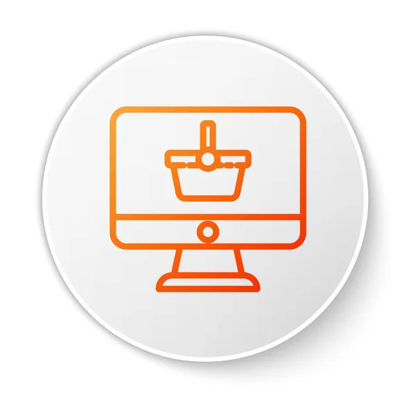 Orange Line Computer Monitor Shopping Basket Icon Isolated White Background — Stock Vector