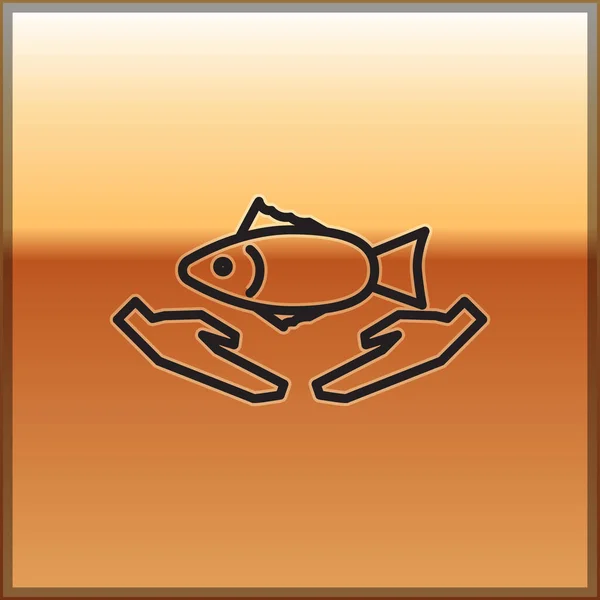 Línea Negra Icono Cuidado Pescado Aislado Sobre Fondo Dorado Ilustración — Vector de stock