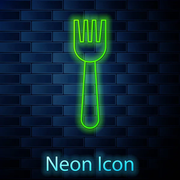 Glowing Neon Line Disposable Plastic Fork Icon Isolated Brick Wall — Stock Vector