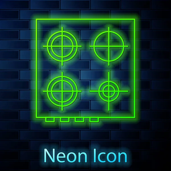 Leuchtende Neon Line Gasherd Symbol Isoliert Auf Backsteinwand Hintergrund Kochschild — Stockvektor