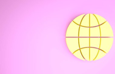 Sarı Dünya ikonu pembe arka planda izole edildi. Yerküreye iğnele. Minimalizm kavramı. 3d illüstrasyon 3B canlandırma
