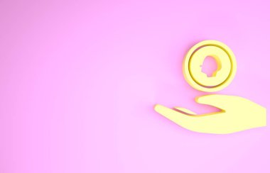 Sarı El para ikonunu pembe arka planda tutuyor. Dolar ya da USD sembolü. Nakit bankacılık tabelası. Minimalizm kavramı. 3d illüstrasyon 3B canlandırma