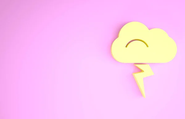 Ікона Жовтого Шторма ізольована на рожевому тлі. Хмарний і блискавичний знак. Повітряна ікона бурі. Концепція мінімалізму. 3d Illustrated 3d render — стокове фото